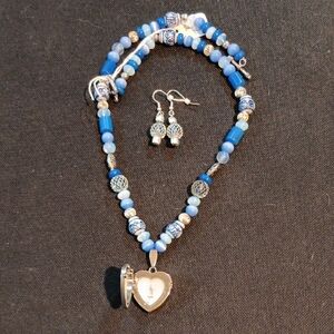 Handmade Blue Beaded Heart Watch Locket Necklace and Earring Set